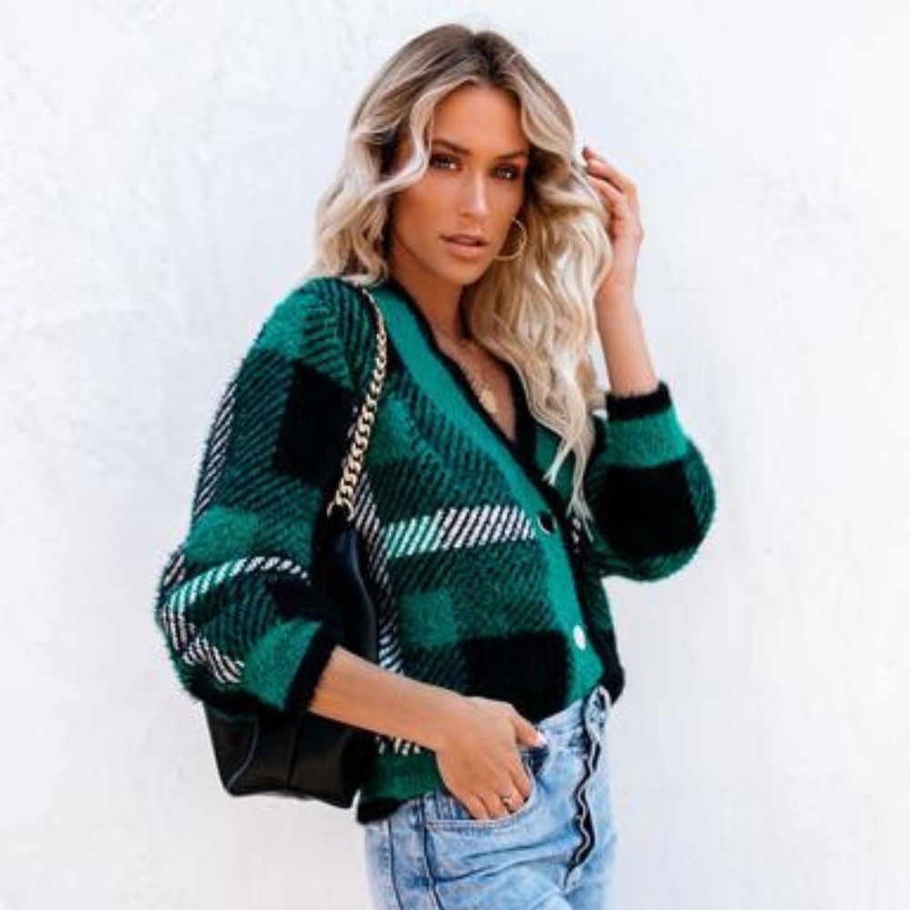 Plaid Fuzzy-Knit Cardigan